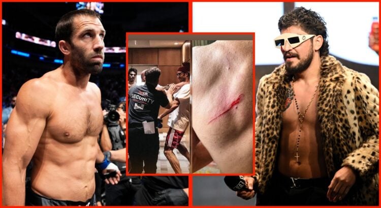 Luke Rockhold prepares to face Paulo Costa at UFC 278, Dillon Danis on stage at the Prime Card press conference, inset screenshot of Rockhold and D...