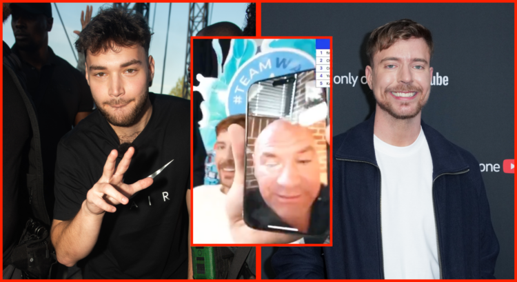 Adin Ross and MrBeast at media events, either side of a grab showing them calling Dana White on FaceTime