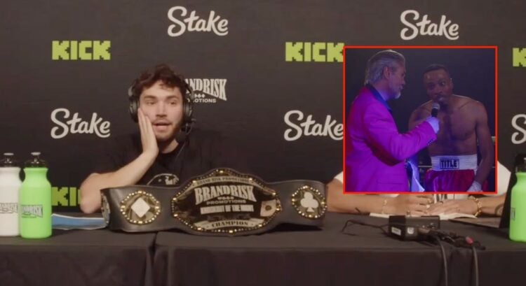 Adin Ross looks on as Justxsnagz speaks after his Brand Risk win