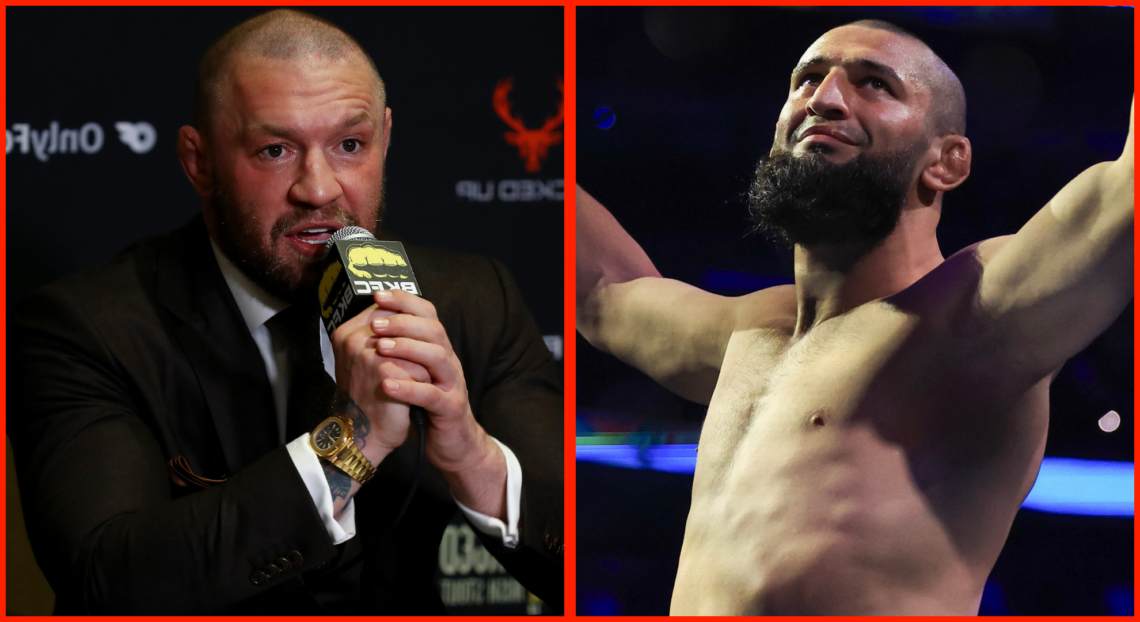 Conor McGregor speaks to the press at a Bare Knuckle FC press conference, opposite Khamzat Chimaev entering the cage at UFC 319