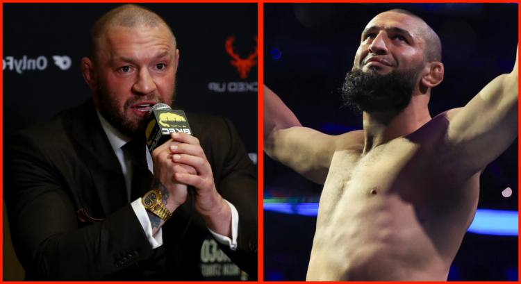 Conor McGregor speaks to the press at a Bare Knuckle FC press conference, opposite Khamzat Chimaev entering the cage at UFC 319