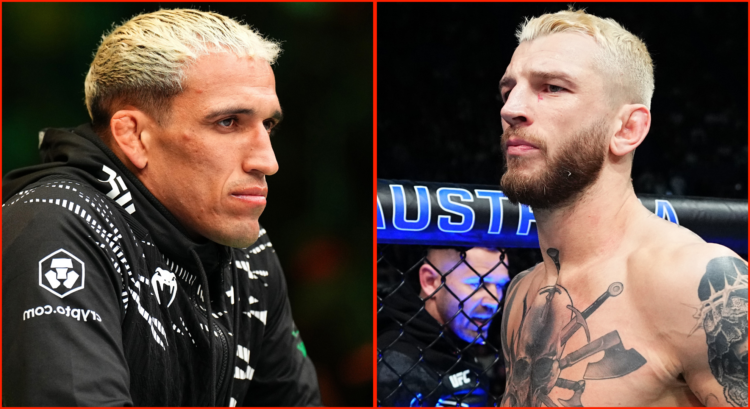 Charles Oliveira looks on while he corners a teammate at UFC 303, opposite Dan Hooker entering the Octagon at UFC 305