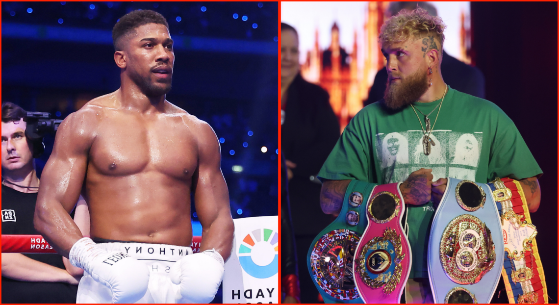 Anthony Joshua about to start a boxing fight (left). Jake Paul holding the five major boxing belts (right)