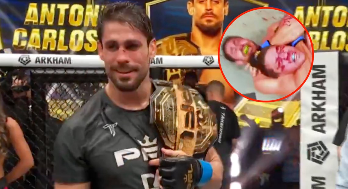 Antonio Carlos Jr with his PFL belt (main) and choking out Sullivan Cauley (bubble)