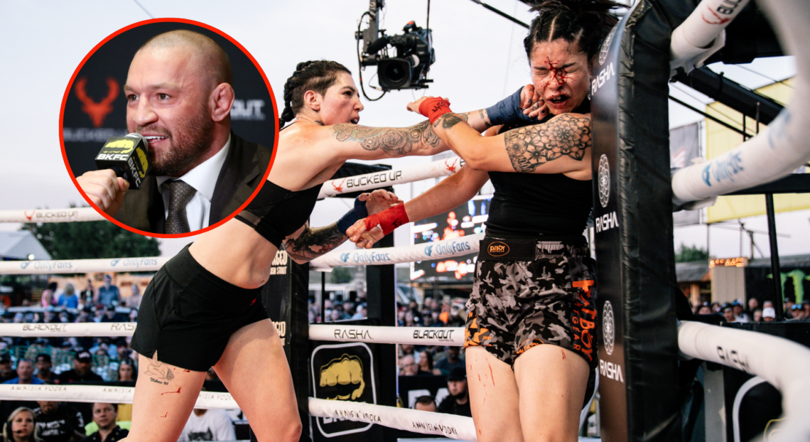 Shyanna Bintiff punches Marisol Ruelas during their BKFC fight (main). Conor McGregor speaking into a BKFC microphone (bubble).