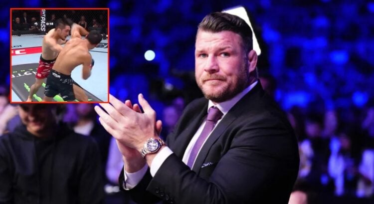 Michael Bisping claps during a UFC event, screenshot inset of Xiao Long throwing an elbow