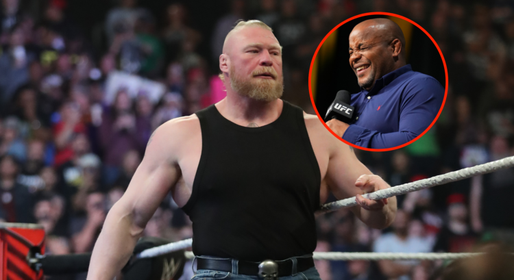Brock Lesnar in a black tank top entering a WWE ring (main). Daniel Cormier laughs at a UFC event (bubble)