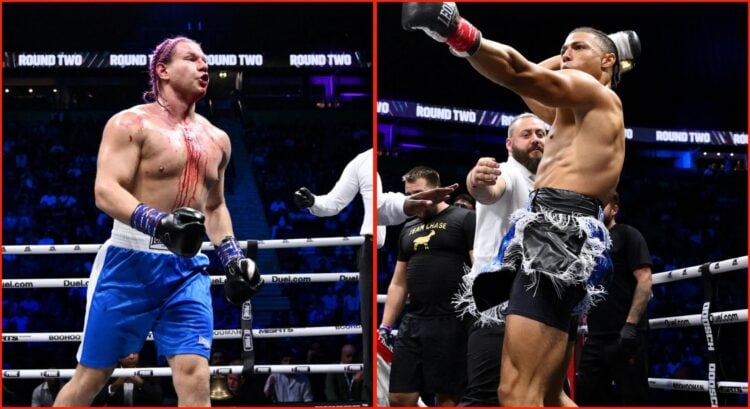 Split image of Chase DeMoor and Natan Marcon reacting to their fight ending in a doctor stoppage
