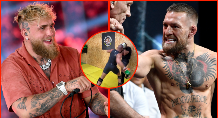 Jake Paul speaks on the Netflix broadcast for Katie Taylor vs. Amanda Serrano, opposite Conor McGregor at the UFC 264 ceremonial weigh-in, inset Mc...