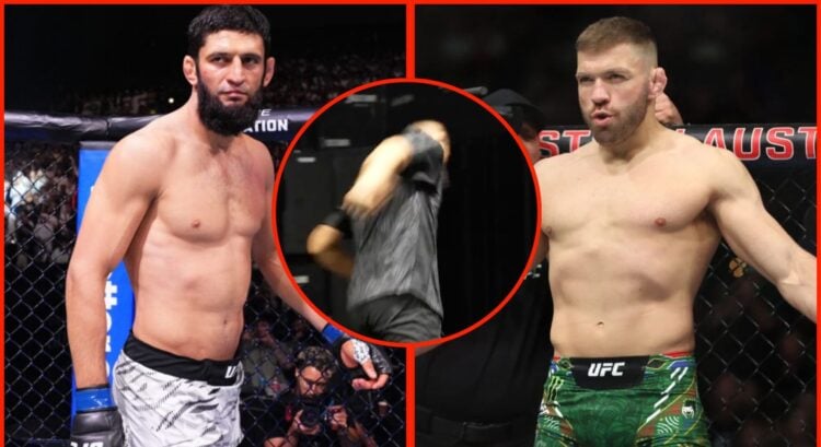 Khamzat Chimaev and Dricus du Plessis in the Octagon ahead of UFC fights, inset screenshot of Chimaev mocking Du Plessis.