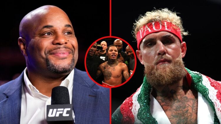 Split image of Daniel Cormier on the mic, and Jake Paul ahead of a fight with an inset of Gervonta Davis