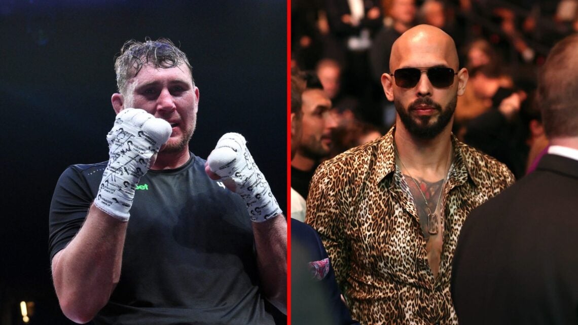 Split image of Darren Till celebrating and Andrew Tate at a UFC event