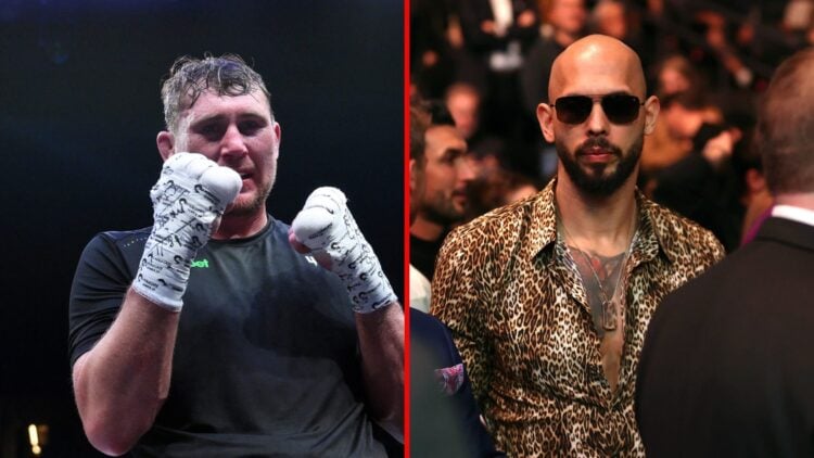 Split image of Darren Till celebrating and Andrew Tate at a UFC event
