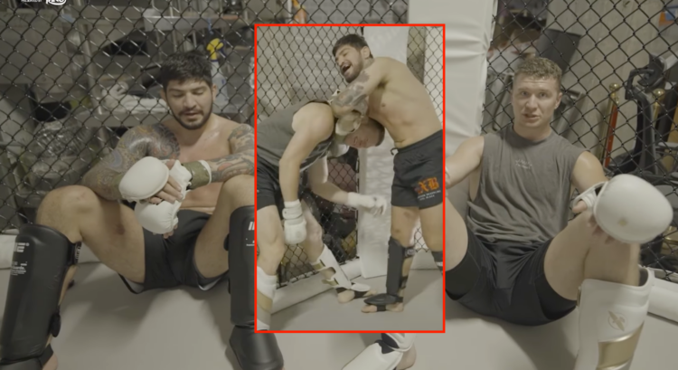 Dillon Danis and Wade Plemons training in an MMA cage, with a block showing Danis choking Plemons in a standing guillotine