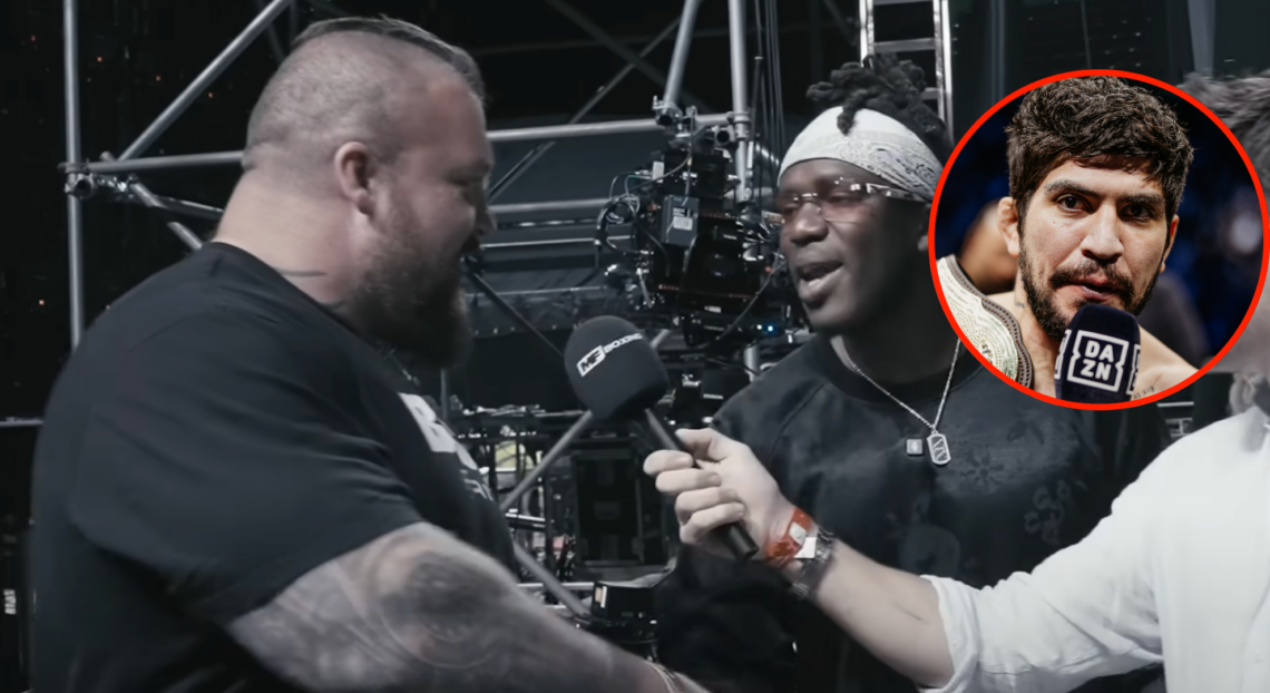 Eddie Hall and KSI shake hands with bubble showing Dillon Danis giving an interview