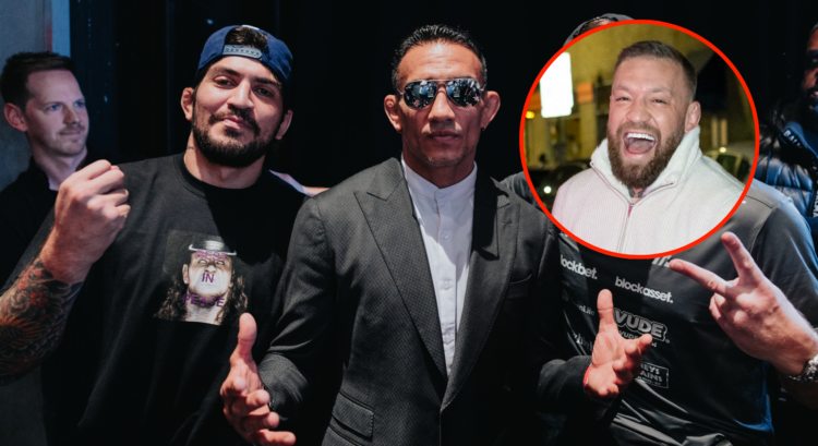 Dillon Danis and Tony Ferguson during a press conference, with bubble photo showing Conor McGregor laughing