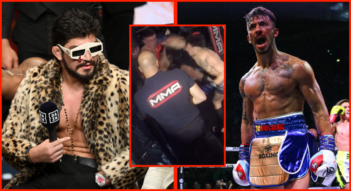 Left photo shows Dillon Danis wearing a leopard-print jacket with white sunglasses, Left shows Warren Spencer after a boxing mach. Block in the mid...