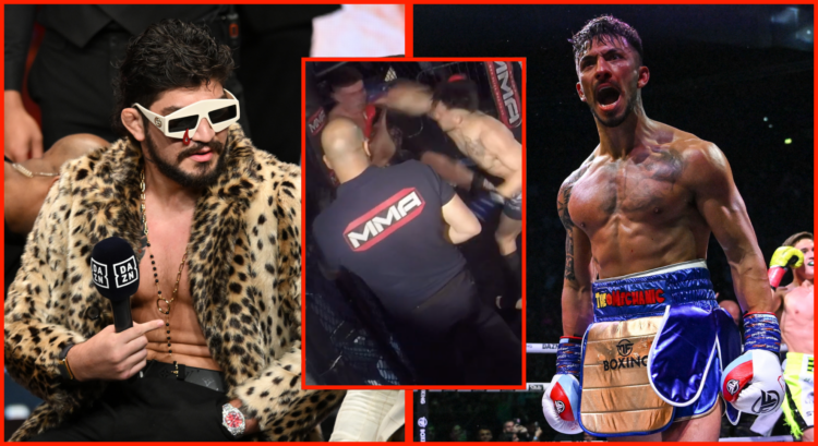 Left photo shows Dillon Danis wearing a leopard-print jacket with white sunglasses, Left shows Warren Spencer after a boxing mach. Block in the mid...