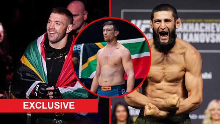 Split image of Dricus Du Plessis walking to the cage and Khamzat Chimaev weighing-in with exclusive label