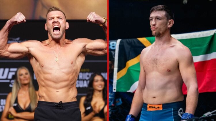 Split image of Dricus Du Plessis weighing-in and Mark Hulme inside the cage