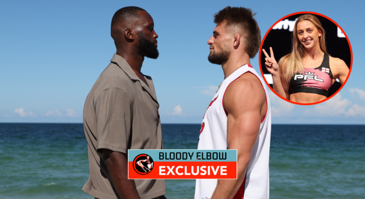 Fabian Edwards and Dalton Rosta face off, with bubble showing Dakota Ditcheva and overlay text that reads BLOODY ELBOW EXCLUSIVE