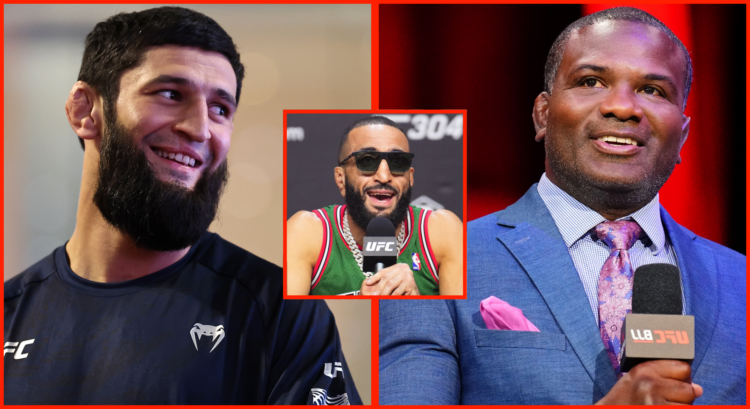 Khamzat Chimaev appears at a UFC 308 open workout, opposite Din Thomas commentating at a UFC BJJ event, inset Belal Muhammad at the UFC 304 press c...