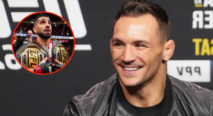 Michael Chandler appears at the UFC 262 press conference, inset Ilia Topuria holding two belts after his win at UFC 317