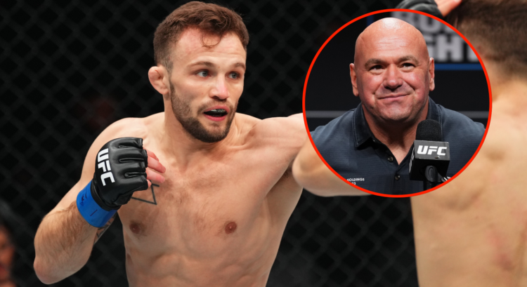 Main photo shows Garrett Armfield punching during a UFC fight. Bubble shows Dana White smiling at a UFC press conference