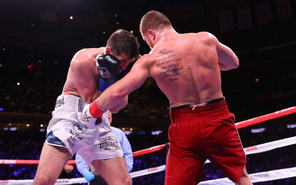 Canelo Alvarez lands a left body hook on Rocky Fielding