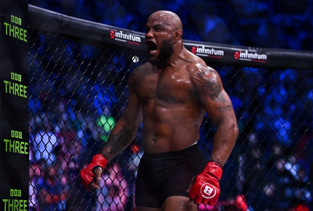 Yoel Romero celebrates after defeating Melvin Manhoef during their light heavyweight bout during Bellator 285 at 3 Arena in Dublin