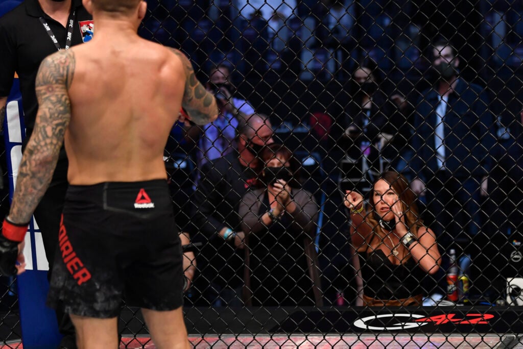 Dustin Poirier pointing at wife Jolie Poirier at UFC 257
