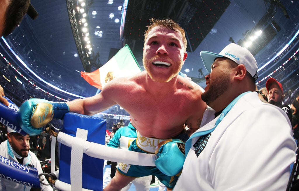 Canelo Alvarez celebrates following win over Billy Joe Saunders
