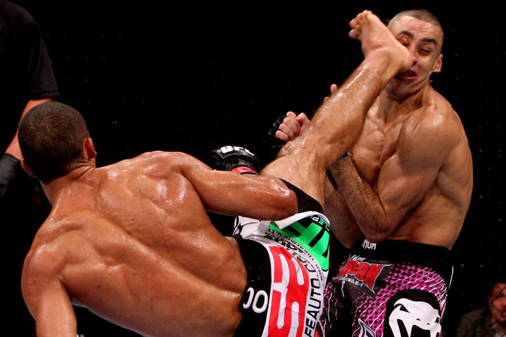 Edson Barboza lands a spinning back kick on Terry Etim