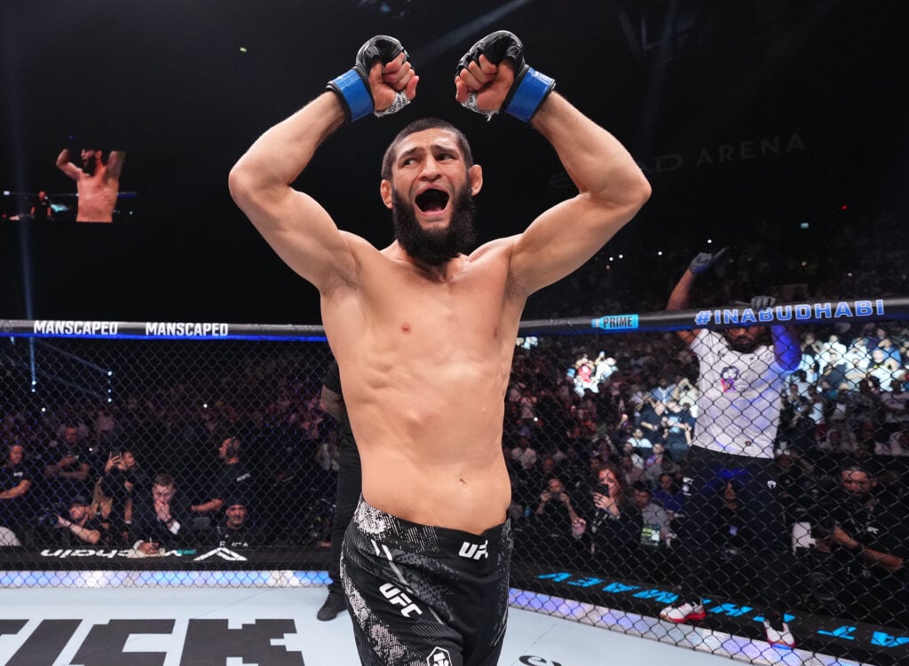 Khamzat Chimaev celebrates in the ring at UFC 294