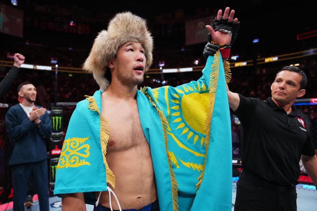 Shavkat Rakhmonov celebrates after defeating Stephen Thompson at UFC 296