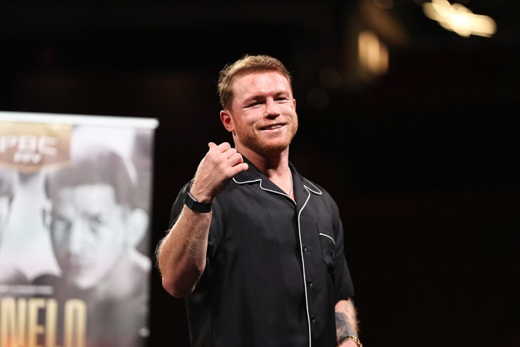 Canelo Alvarez speaks during a press conference after defeating Edgar Berlanga at T-Mobile Arena on September 14, 2024 in Las Vegas, Nevada.