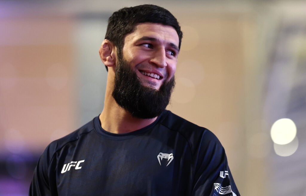 Khamzat Chimaev appears at an open workout ahead of UFC 308