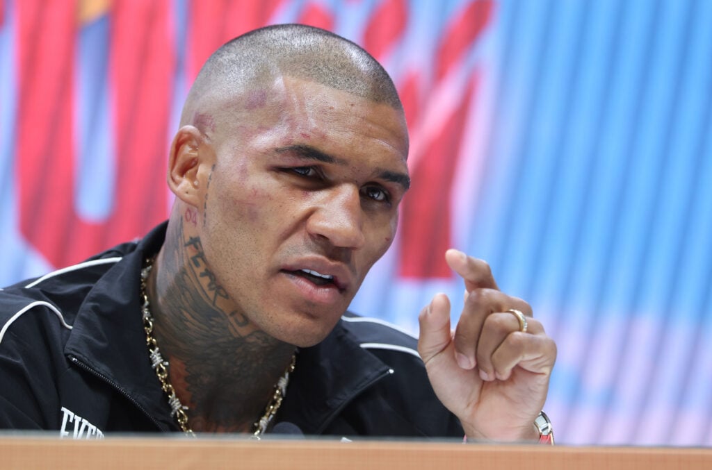 Conor Benn speaks at the post-fight press conference after facing Chris Eubank Jr.
