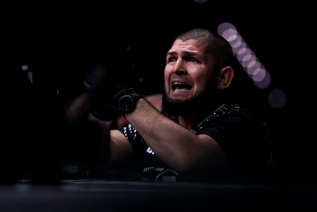Khabib Nurmagomedov shouts advice in the corner at UFC Baku