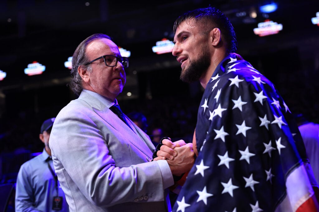 Donn Davis speaks with PFL middleweight Dalton Rosta after his fight in the PFL World Tournament