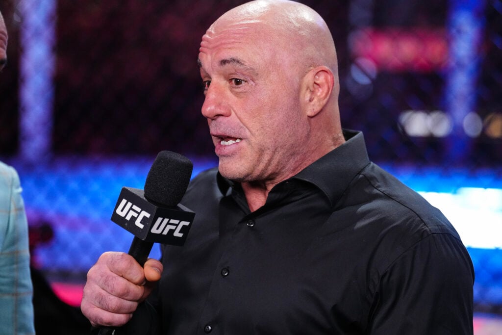 Joe Rogan commentates cageside at UFC 317 in Las Vegas