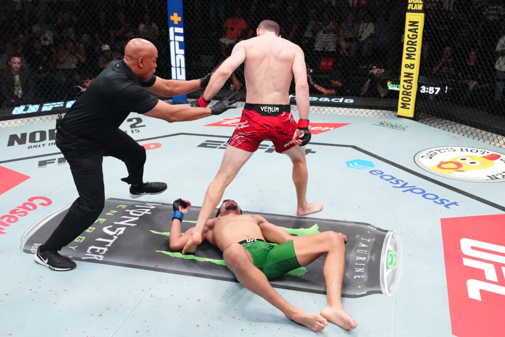 Uros Medic walks on after knocking out Gilbert Urbina during the UFC Vegas 109 prelims