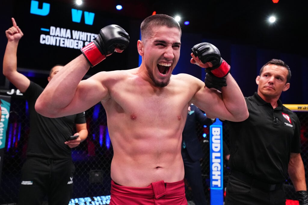 Baisangur Susurkaev celebrates after winning his debut on the Dana White Contender Series