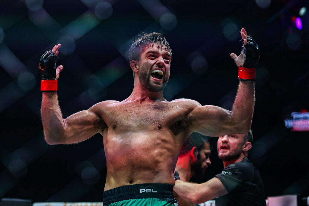 Alfie Davis celebrates after beating Gadzhi Rabadanov at the 2025 PFL World Tournament finals