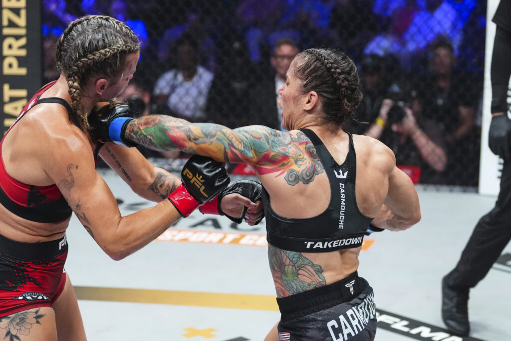 Liz Carmouche punches Jena Bishop during their PFL World Tournament fight