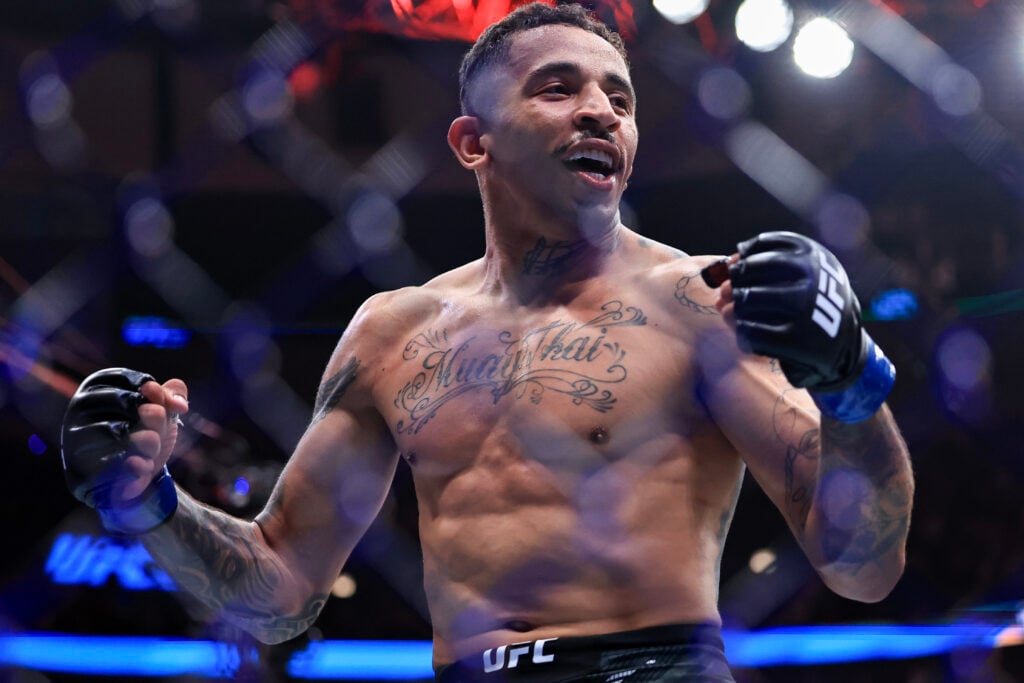 Carlos Prates reacts after defeating Geoff Neal at UFC 319 in Chicago