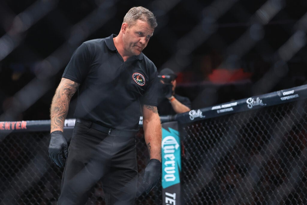 Referee Marc Goddard works the UFC 319 main event