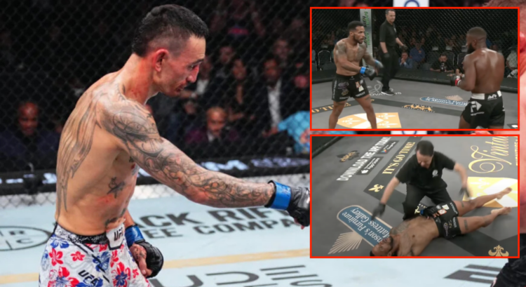 Max Holloway points to the floor during his fight with Justin Gaethje, inset screenshots of an ameteur fighters doing the same thing before geting ...