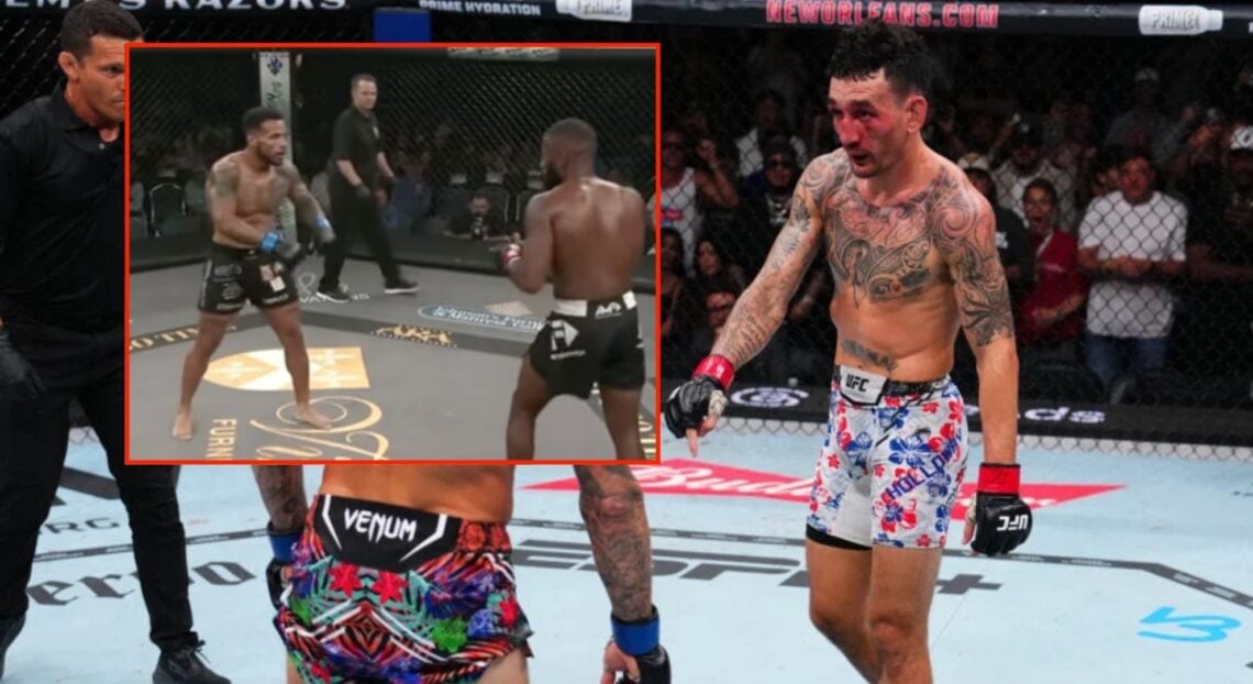 Max Holloway points to the ground during his trilogy fight with Dustin Poirier, inset screenshot of Glen Norman Jr. copying the taunt
