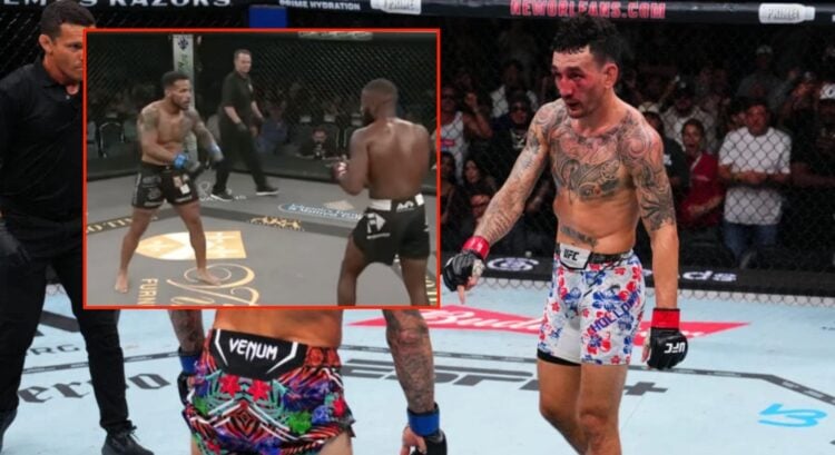 Max Holloway points to the ground during his trilogy fight with Dustin Poirier, inset screenshot of Glen Norman Jr. copying the taunt